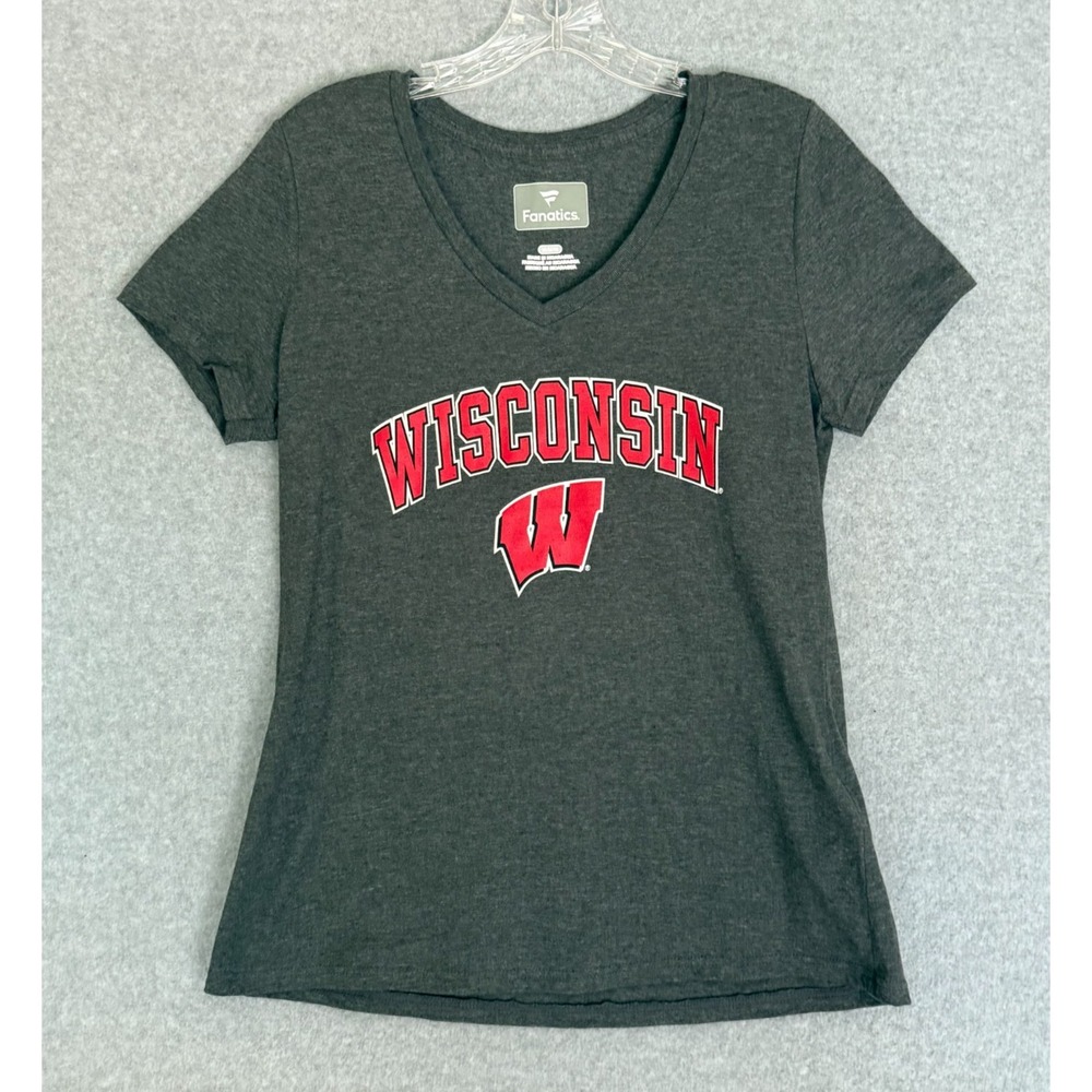 NEW! Fanatics University of Wisconsin Badgers Womens Medium T-Shirt Gray V-Neck